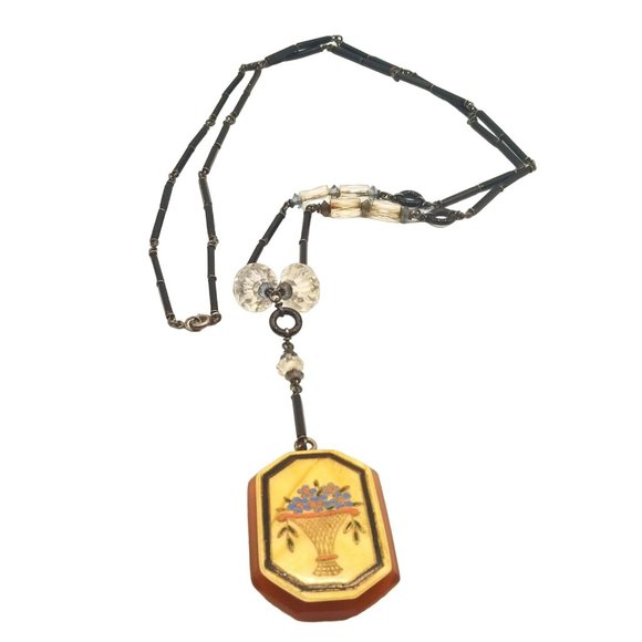 Spectacular Antique Art Deco Rare Celluloid Drop on Art Deco Glass Necklace A235